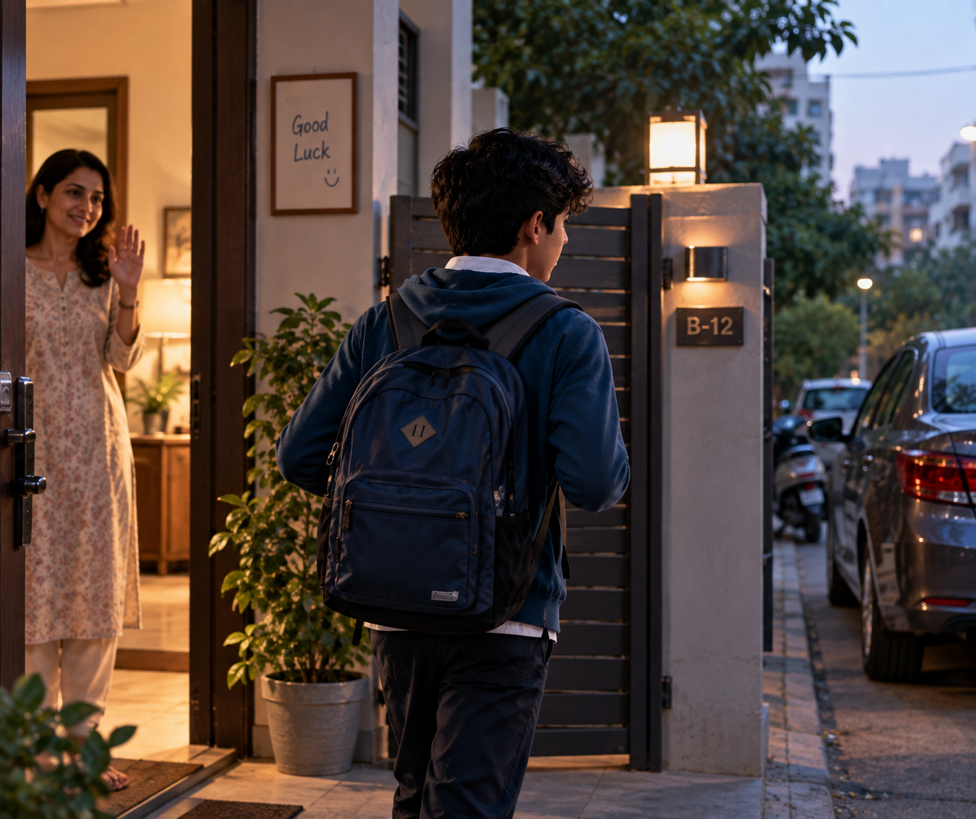 The student walking out of the front gate as his mother waves goodbye