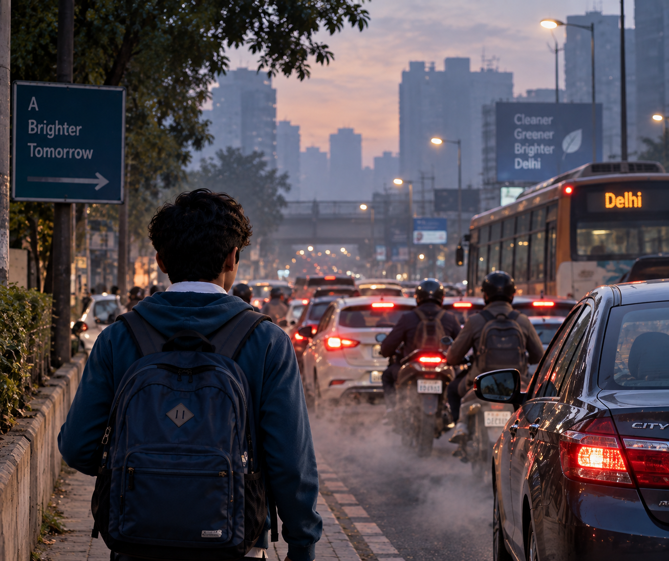 The student walking beside a jammed, smog filled Delhi road on his way to class