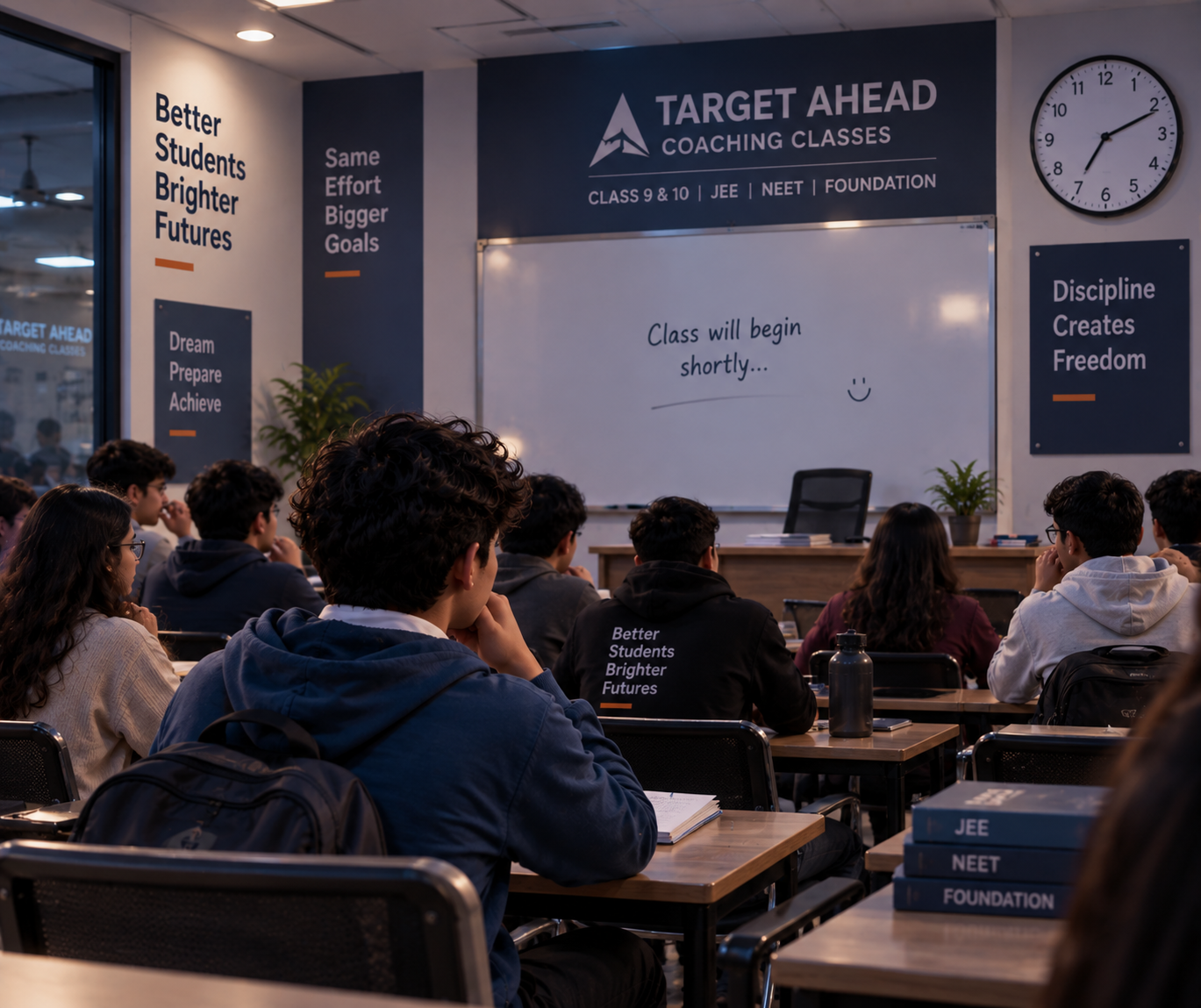 The student seated in a packed classroom where the board still reads class will begin shortly