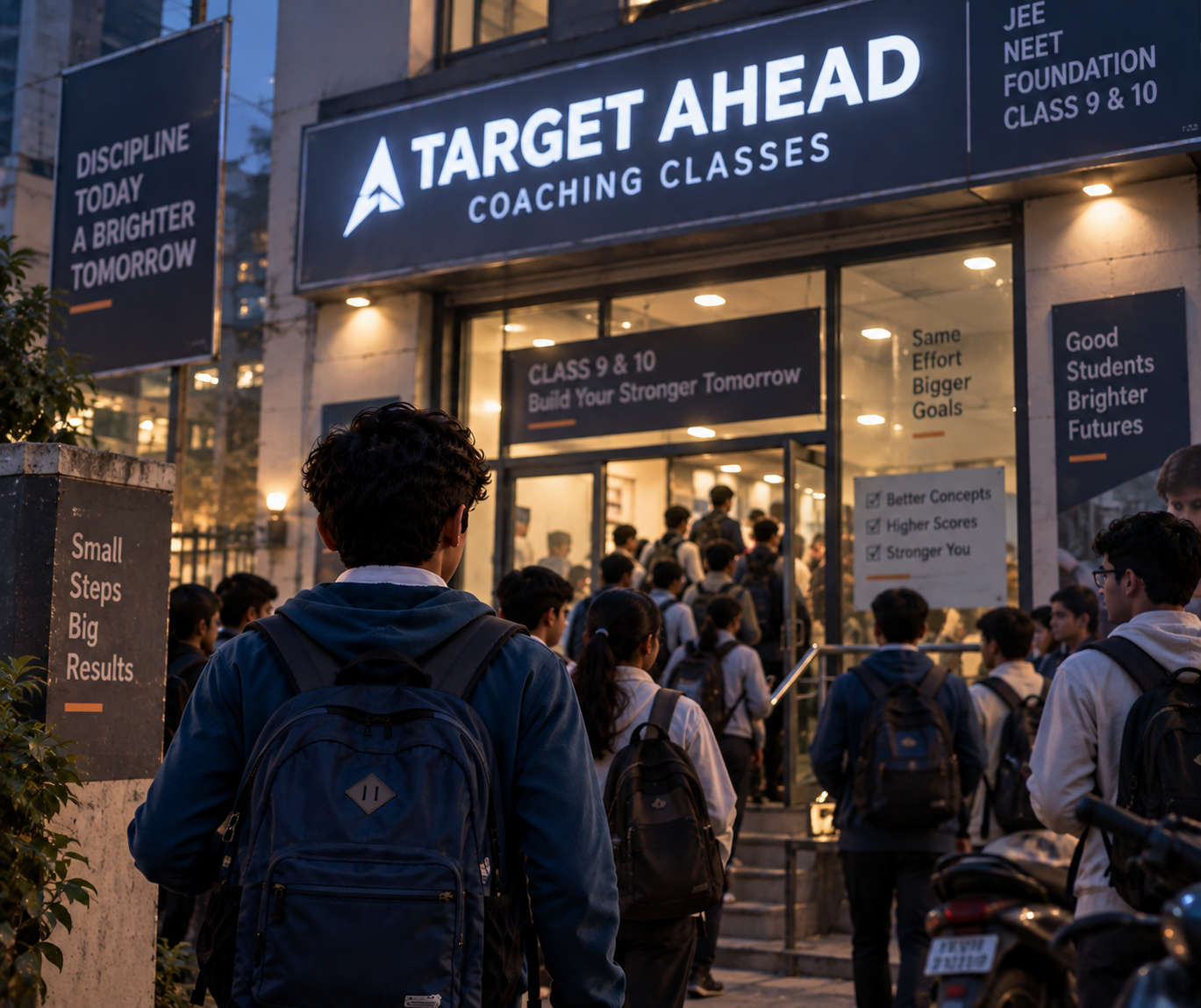 A crowd of students queueing outside the entrance of a coaching centre