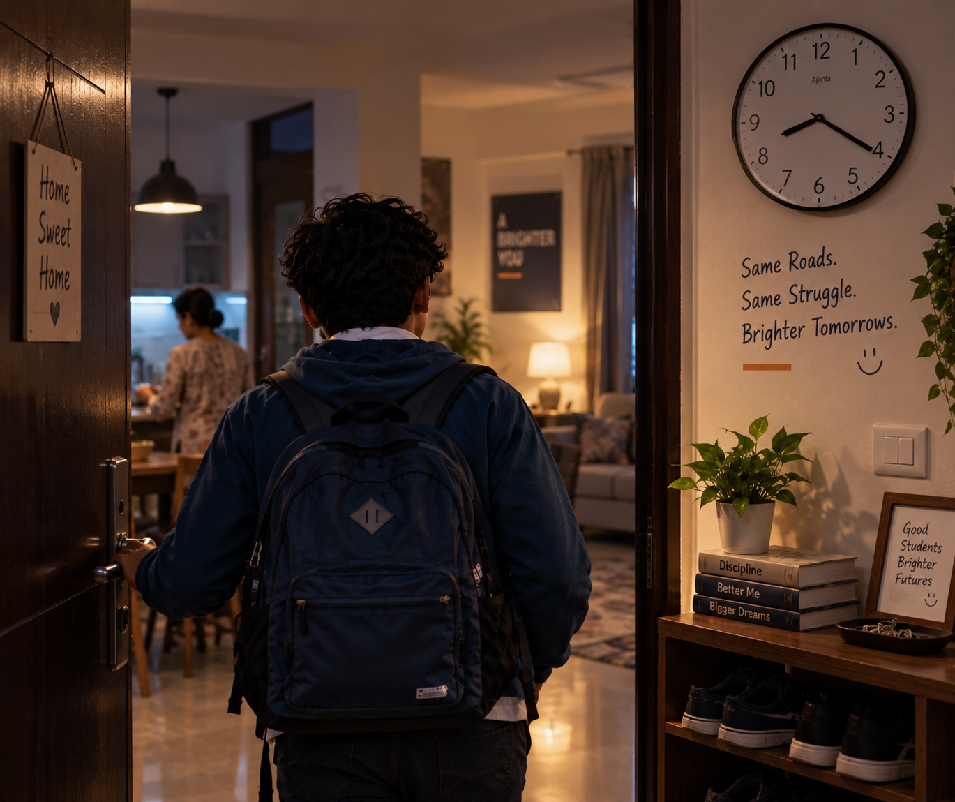 The student finally stepping back through his front door at twenty past eight