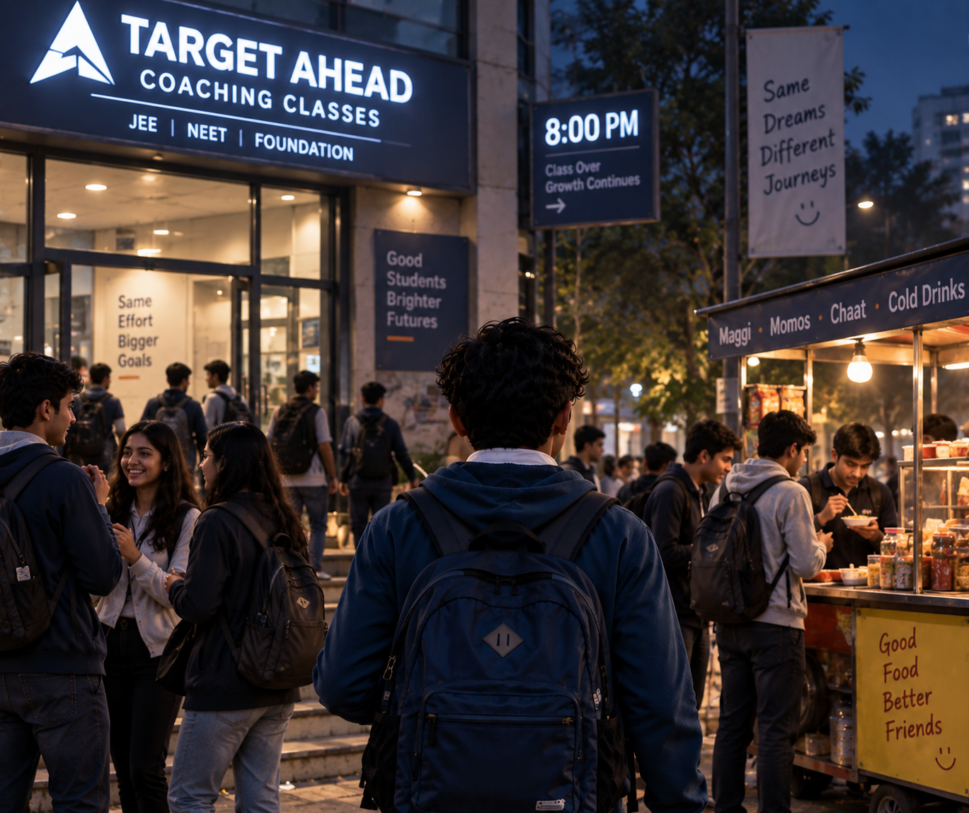 Students spilling out of the coaching centre around a street food cart after class