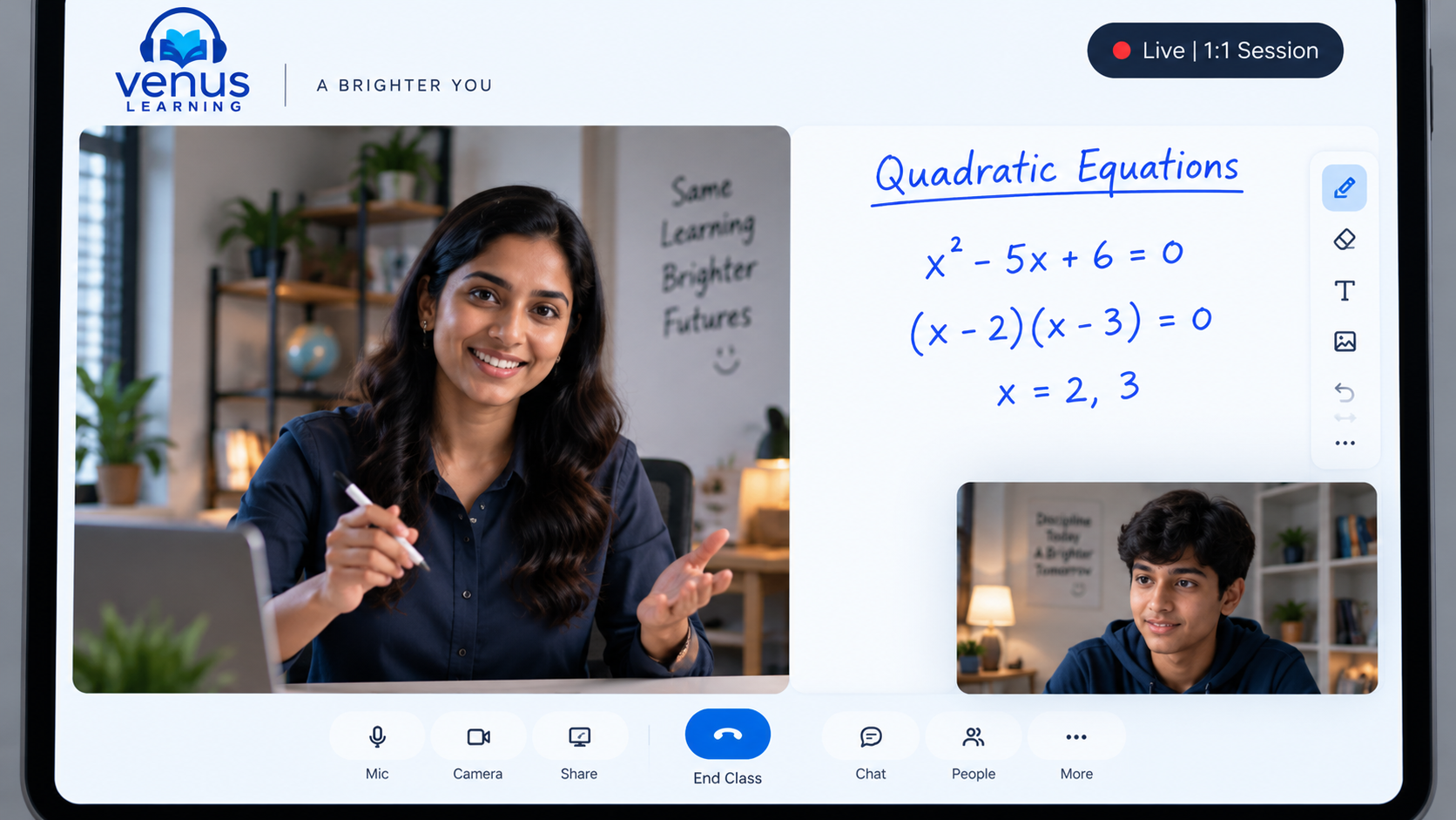 A live 1-to-1 Venus Chamber class on a tablet: the teacher on video while quadratic equations are solved on a shared whiteboard