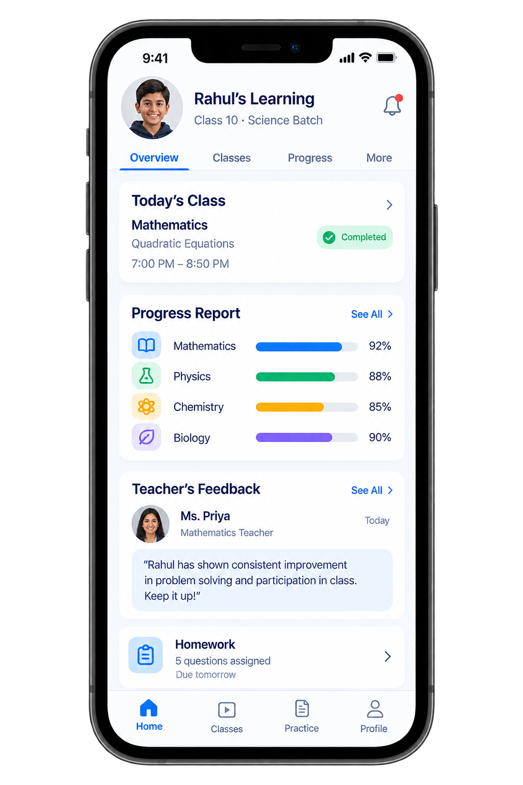 The parent app showing today's class, a subject-wise progress report and the teacher's latest feedback