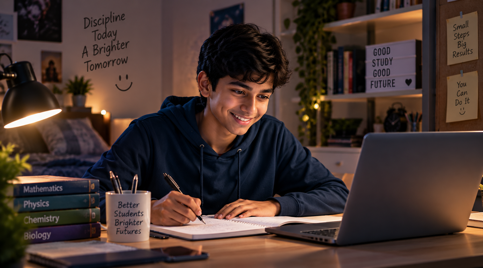 A Class 10 student smiling through a 1-to-1 online class at his own study desk at home